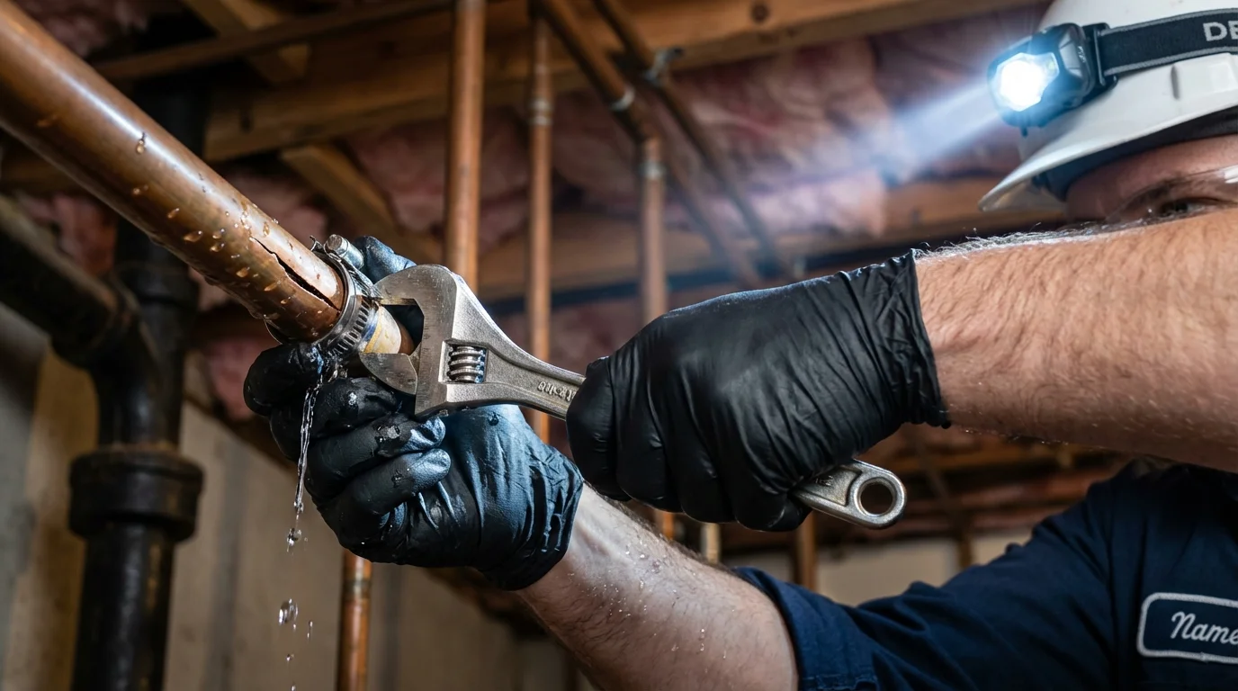 Emergency pipe clamp repair being performed by a Johns Plumbing LLC plumber in Jefferson