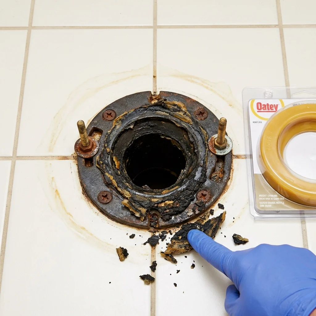Failed wax ring showing water seepage at the base of a toilet in a Jefferson, WI home