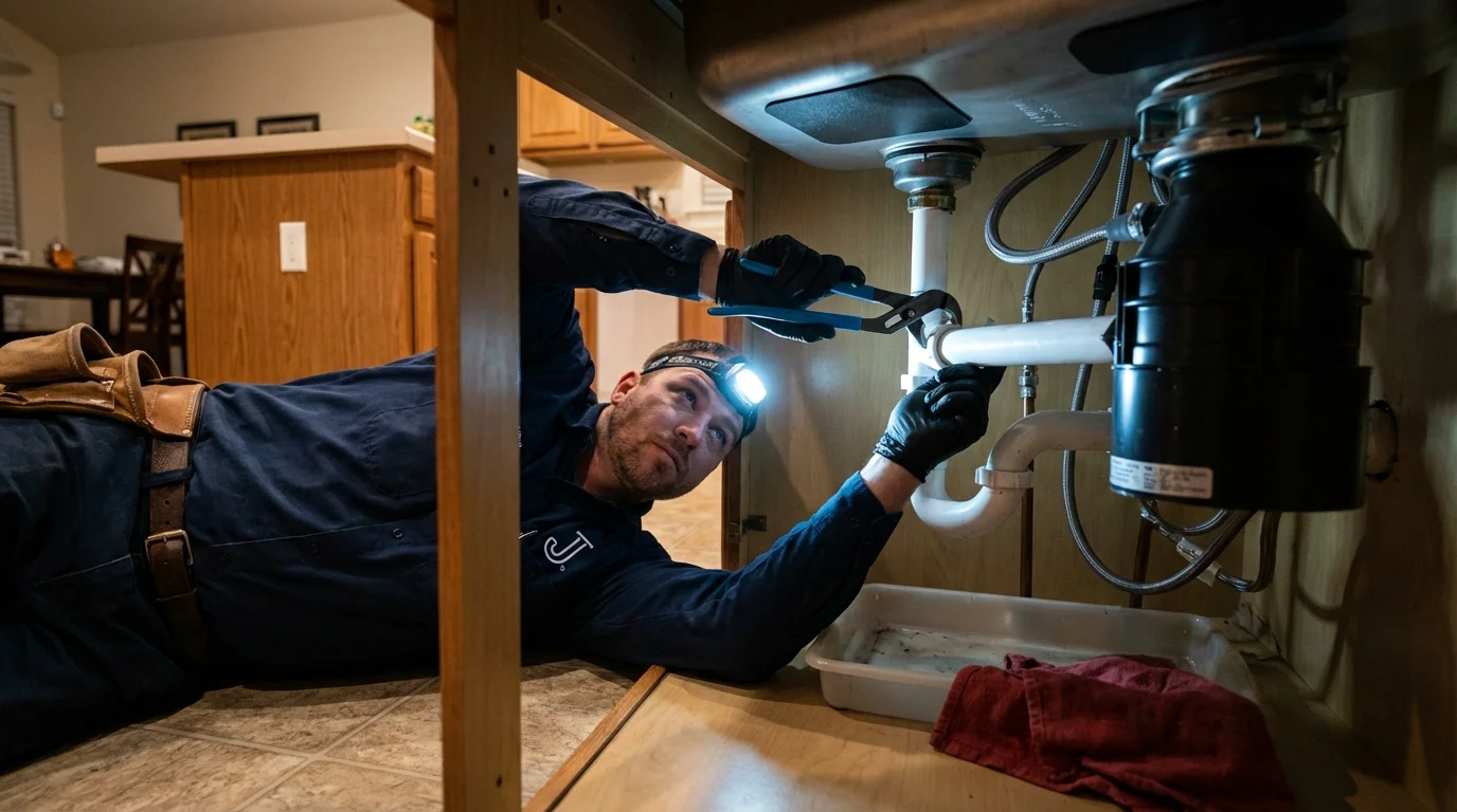 P-trap and supply line connections under a kitchen sink showing a common leak point in Jefferson, WI